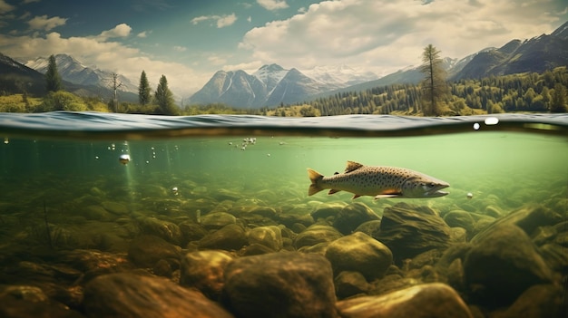 Um peixe grande nada em águas claras contra o pano de fundo das montanhas