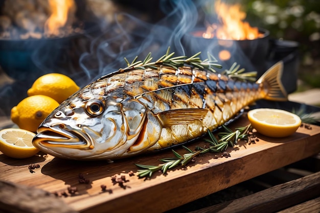 Um peixe grelhado na mesa de madeira na cozinha