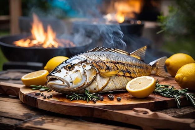 Um peixe grelhado na mesa de madeira na cozinha