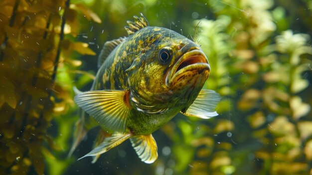 Um peixe infeliz cujas brânquias e escamas estão cobertas por uma espessa camada de algas castanhas e verdes.