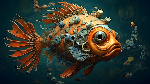 Um peixe laranja com um anel de metal em volta da cabeça e um fundo azul.