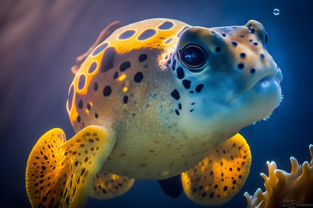 Um peixe manchado com manchas no rosto está olhando para a câmera.