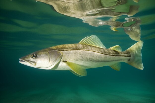 Um peixe na água com a palavra baixo no fundo