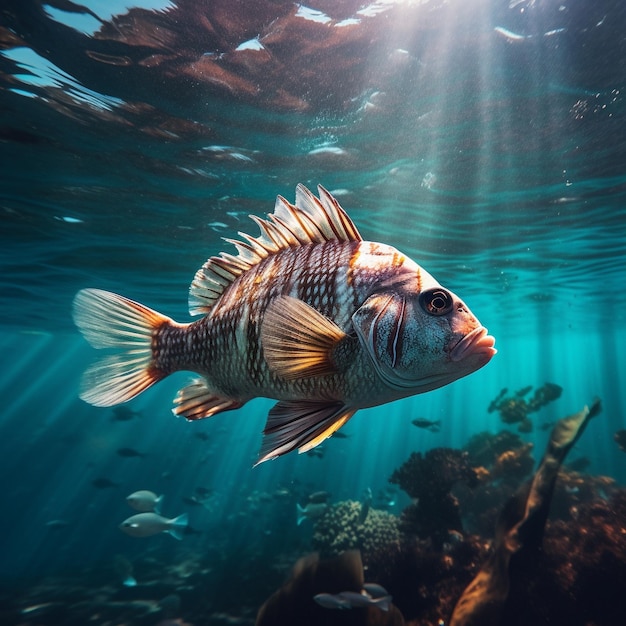 Um peixe nada debaixo d'água com o sol a brilhar através da água.