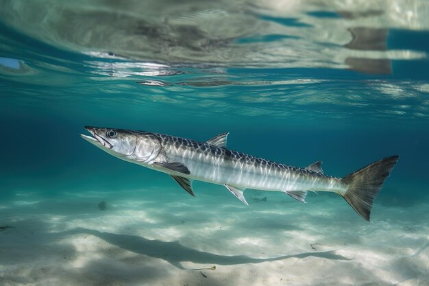 Um peixe nada na água azul clara.