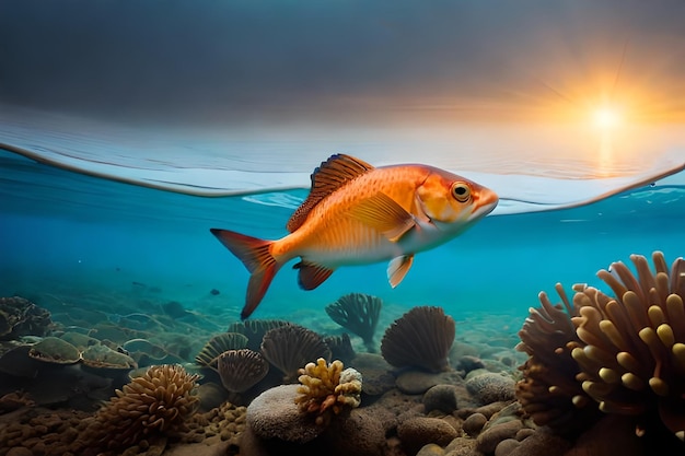 um peixe nada sob um coral com o sol atrás dele