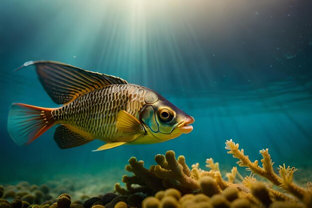 Foto um peixe nada sobre um recife de coral