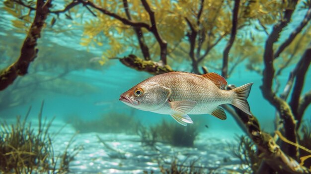 Foto um peixe nadando na água perto de algumas árvores