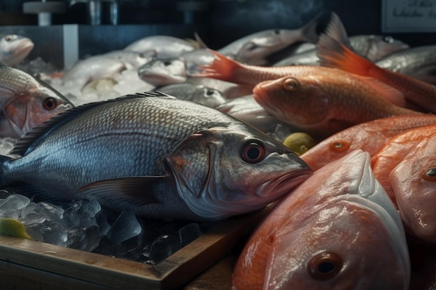 Um peixe no gelo em um mercado de peixes