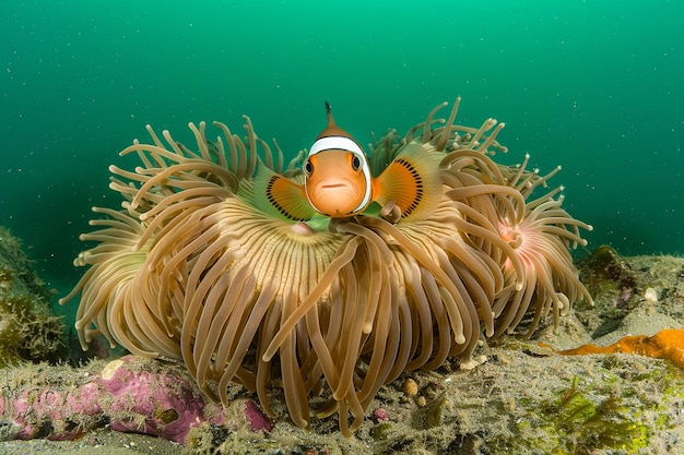 Foto um peixe-palhaço a espreitar de uma anémona