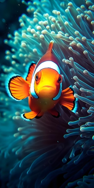 Um peixe-palhaço está nadando em um recife de coral.