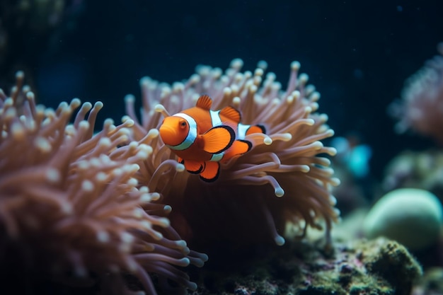 Um peixe-palhaço nada entre uma anêmona no oceano.