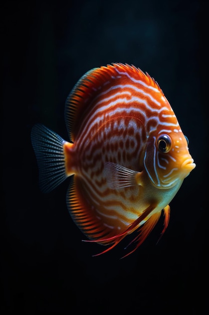 Um peixe pequeno amarelo na natureza profunda do mar escuro