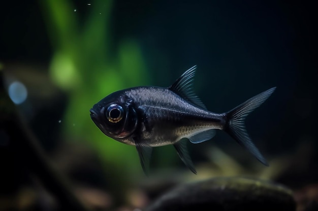 Um peixe preto com olhos amarelos está nadando em um tanque.