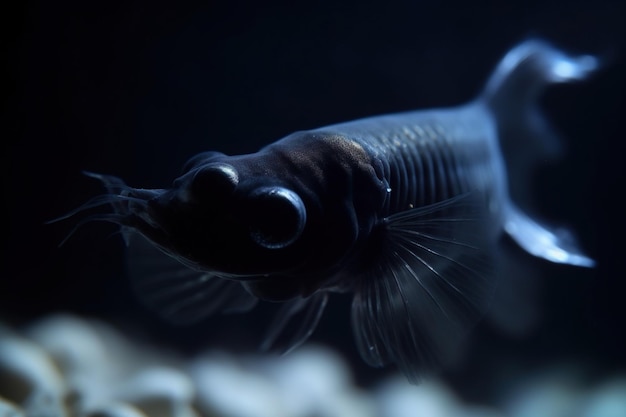 Um peixe preto com uma cauda branca nadando em um tanque