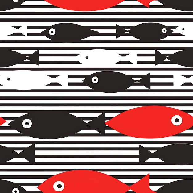 Um peixe preto e branco com peixe vermelho na parte inferior