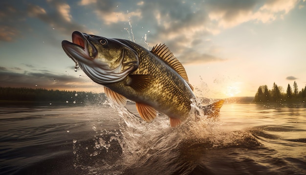 Um peixe pulando fora d'água com o sol se pondo atrás dele