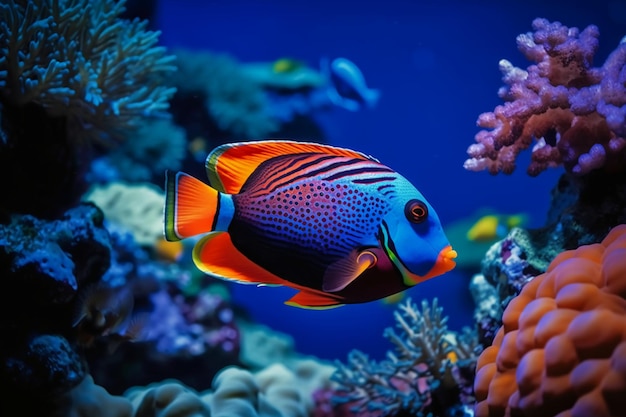 Um peixe que é azul e laranja
