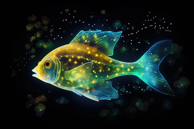 Um peixe que está brilhando no escuro peixe radioativo de água contaminada