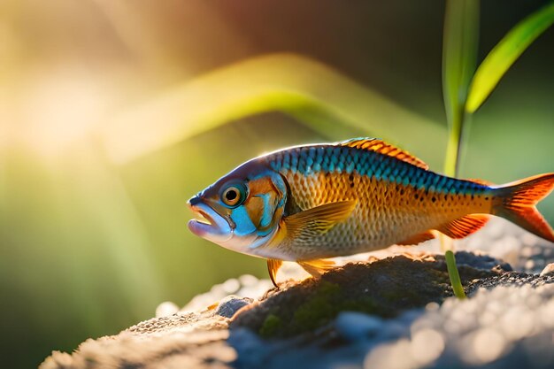 Foto um peixe que está na grama com o sol atrás dele