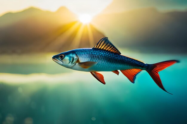 Foto um peixe que tem o sol a brilhar através das nuvens