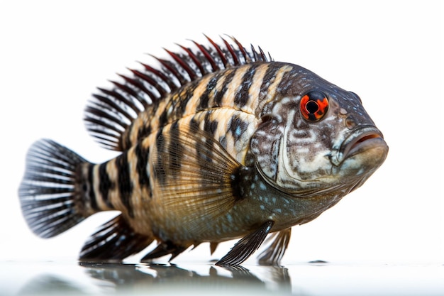 Foto um peixe que tem um olho vermelho e uma faixa preta na cabeça.