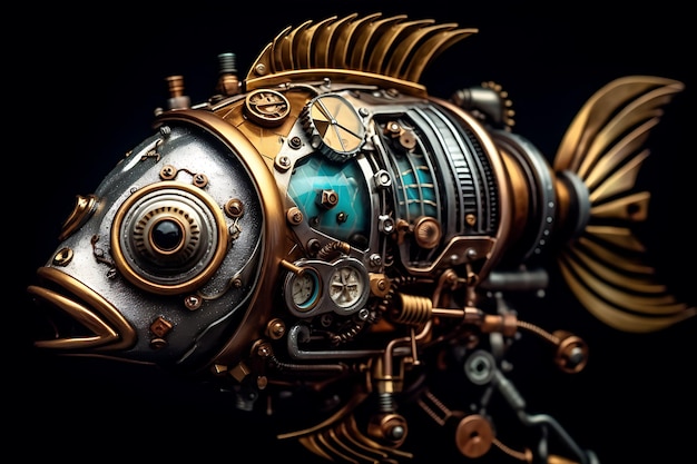 Um peixe steampunk com corpo de metal e corpo de metal.