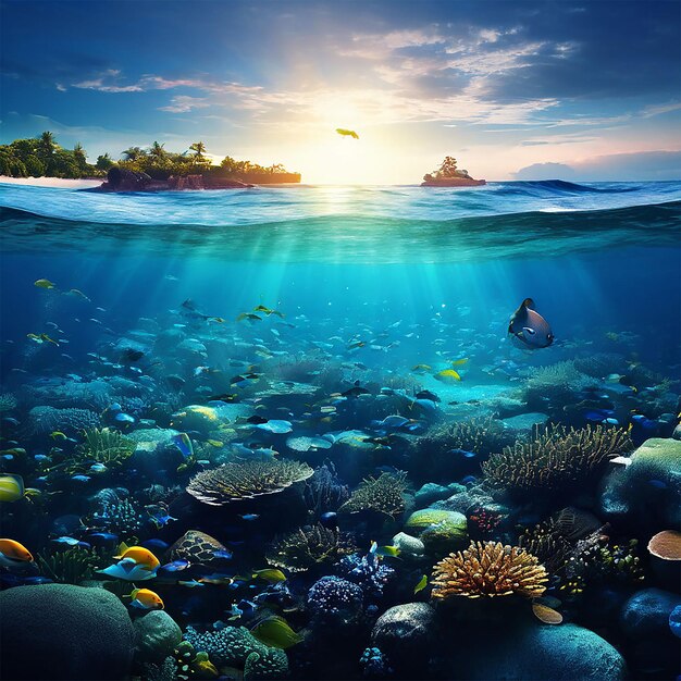 Foto um peixe tropical nada passando por um recife de coral com uma ilha tropical ao fundo