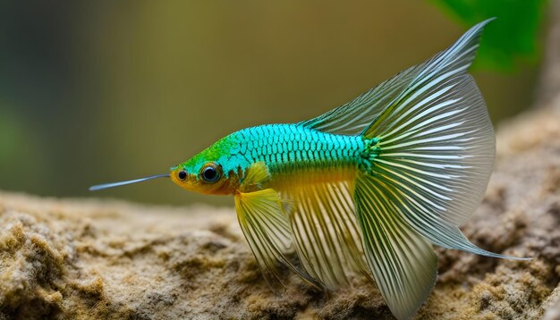 Foto um peixe verde e azul com uma cabeça verde e a cauda azul