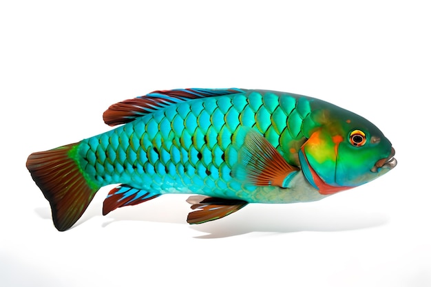 Um peixe verde e azul com uma cauda vermelha e uma cauda azul.