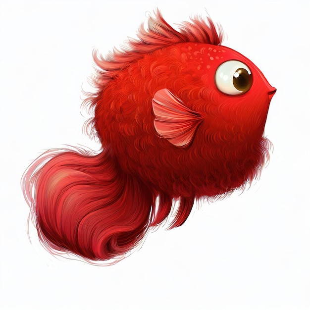 Um peixe vermelho com um olho grande e uma cauda grande
