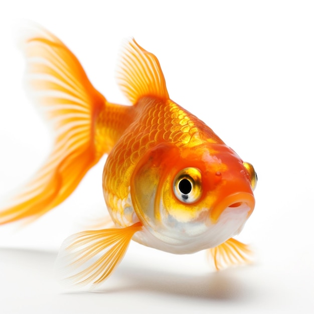 Um peixinho dourado com um fundo branco e um fundo branco.