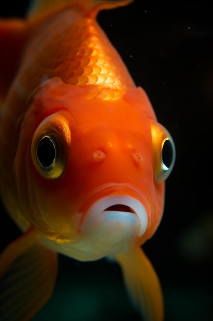 Um peixinho dourado em um aquário com rosto branco e nariz preto.