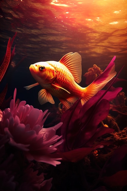 um peixinho dourado nadando em um corpo de água representando um lago