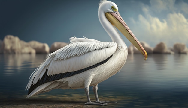 Um pelicano fica em uma praia com um céu nublado ao fundo.