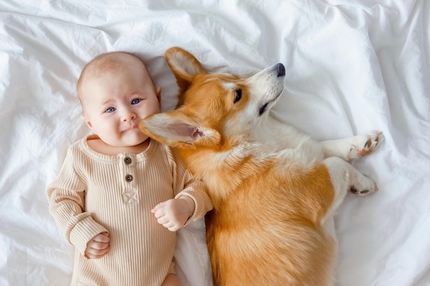 Um pembroke de corgi infantil e gengibre deitado em um lençol branco e olhando para a vista superior da câmera