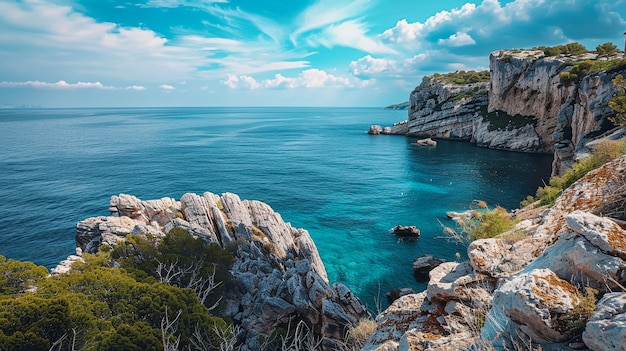 Foto um penhasco com um oceano azul e uma formação rochosa no fundo