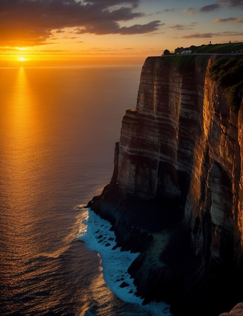 Um penhasco majestoso com vista para um oceano tranquilo iluminado por um sol poente