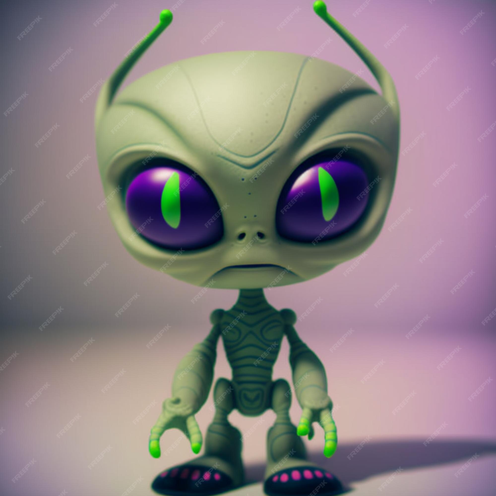 Um desenho de um alienígena verde com olhos roxos.