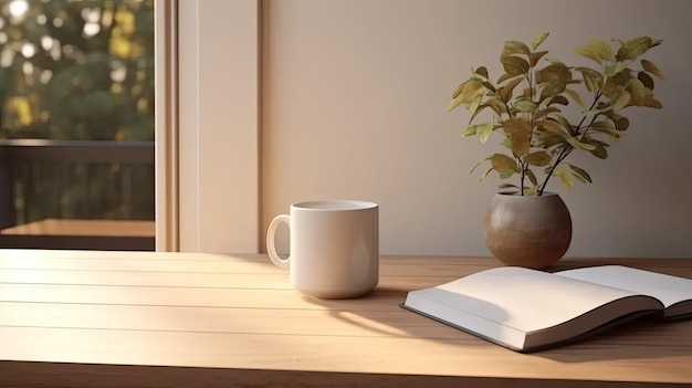 um pequeno-almoço de natureza morta em uma mesa de madeira em um escritório doméstico minimalista uma xícara de livros de café um modelo de quadro de foto vazio e um vaso com galhos de oliva