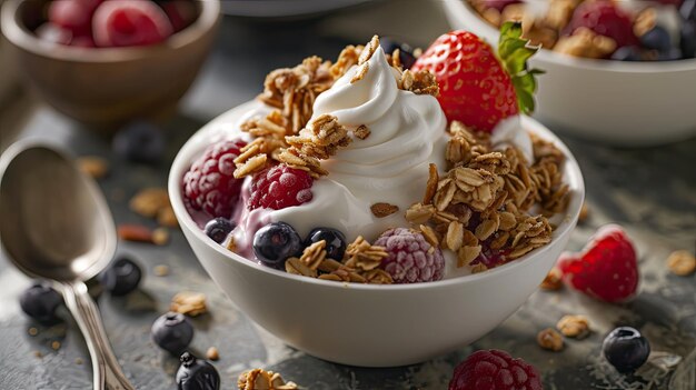 Um pequeno-almoço nutritivo de granola com iogurte e bagas