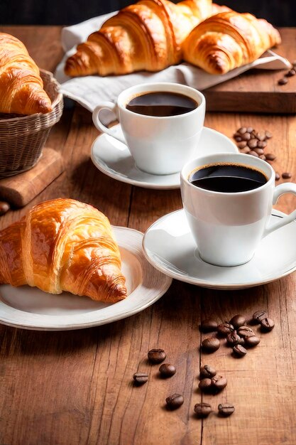 Um pequeno-almoço perfeito de manhã, estilo rústico, uma chávena de café e deliciosos croissants.