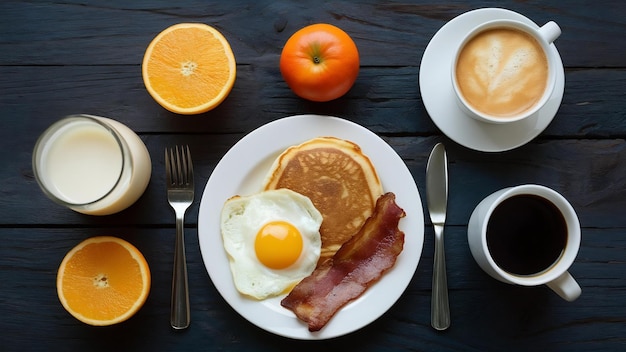 Foto um pequeno-almoço saudável com panquecas de ovo, bacon, sumo de laranja, leite, pão e café.