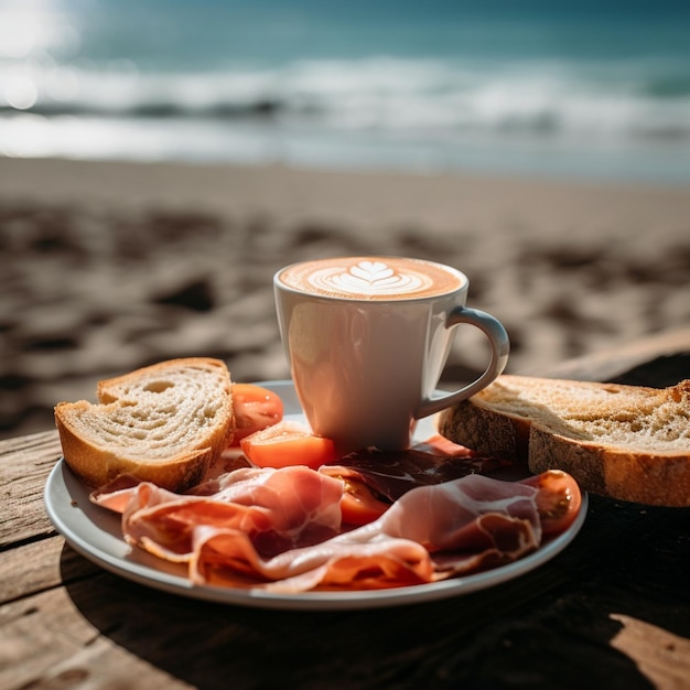 Foto um pequeno-almoço saudável na praia