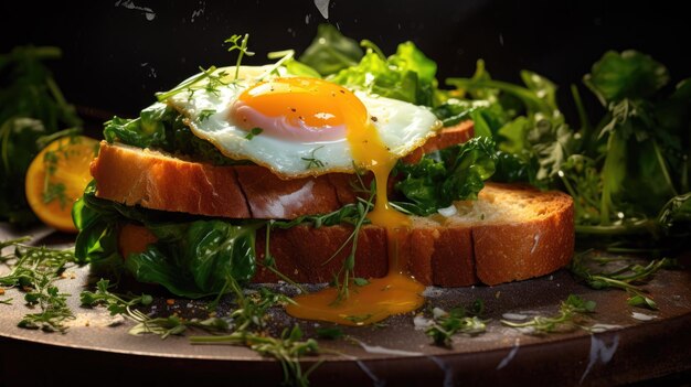 Um pequeno-almoço tradicional ou prato de brunch ovos assados com verduras em um pão de massa azeda torrada gema de ovo