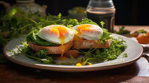 Um pequeno-almoço tradicional ou prato de brunch ovos assados com verduras em um pão de massa azeda torrada gema de ovo