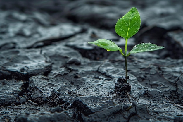 Um pequeno arbusto verde cresce da terra rachada conceito de mudança climática