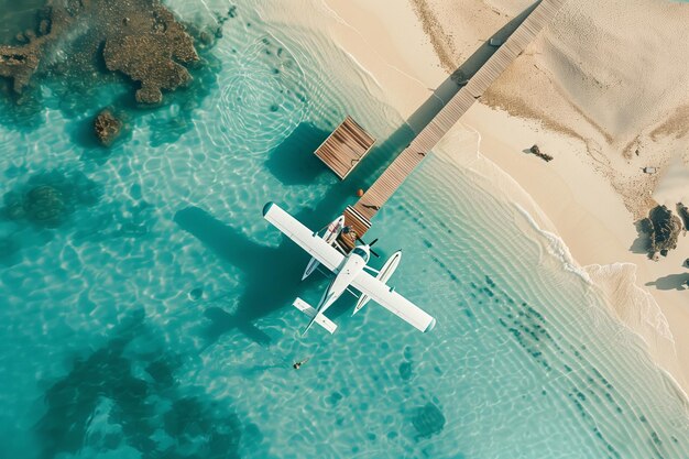 Um pequeno avião está sentado em uma doca perto da água