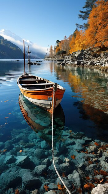 Um pequeno barco amarrado a uma corda em um lago calmo com imagem de reflexão generativa ai