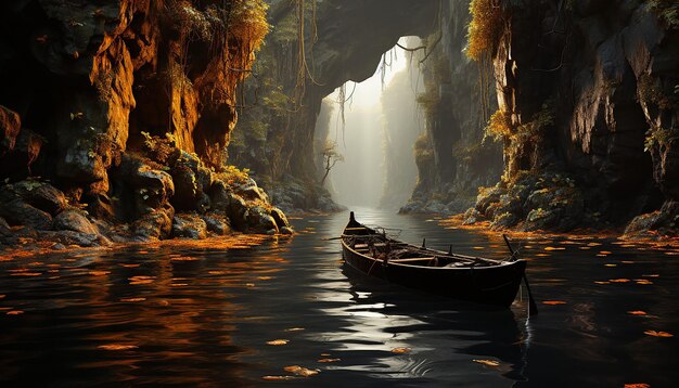 Foto um pequeno barco entrando em uma caverna de penhasco entrada sombria fantasia escura ilustração artstation